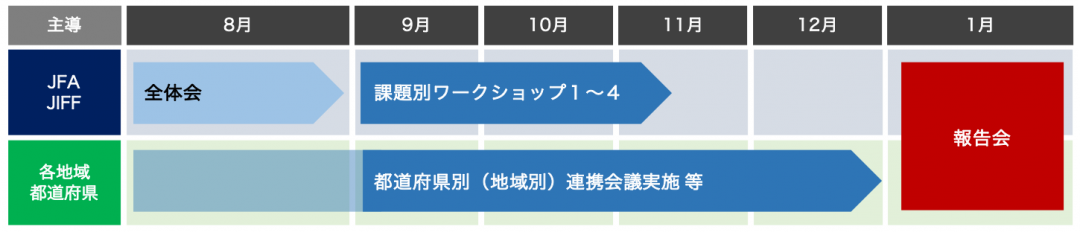 8月全体会、9〜11月課題別ワークショップ、並行して12月までに地域別連携会議の実施、2021年1月に報告会を実施