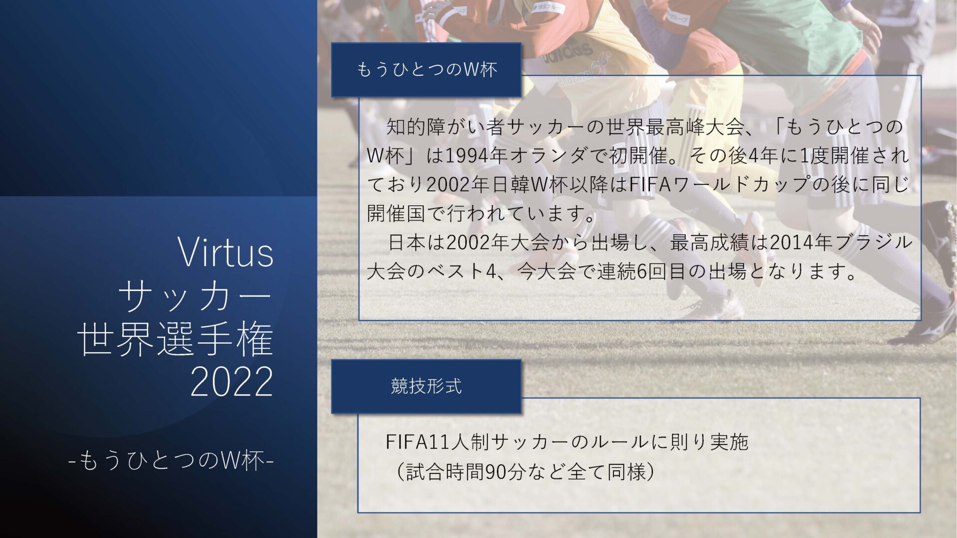 Virtusサッカー世界選手権2022 -もうひとつのW杯- もうひとつのW杯とは 知的障がい者サッカーの世界最高峰大会、「もうひとつのW杯」は1994年オランダで初開催。その後4年に1度開催されており2002年日韓W杯以降はFIFAワールドカップの後に同じ開催国で行われています。 日本は2002年大会から出場し、最高成績は2014年ブラジル大会のベスト4、今大会で連続6回目の出場となります。 競技形式について FIFA11人制サッカーのルールに則り実施 （試合時間90分など全て同様）